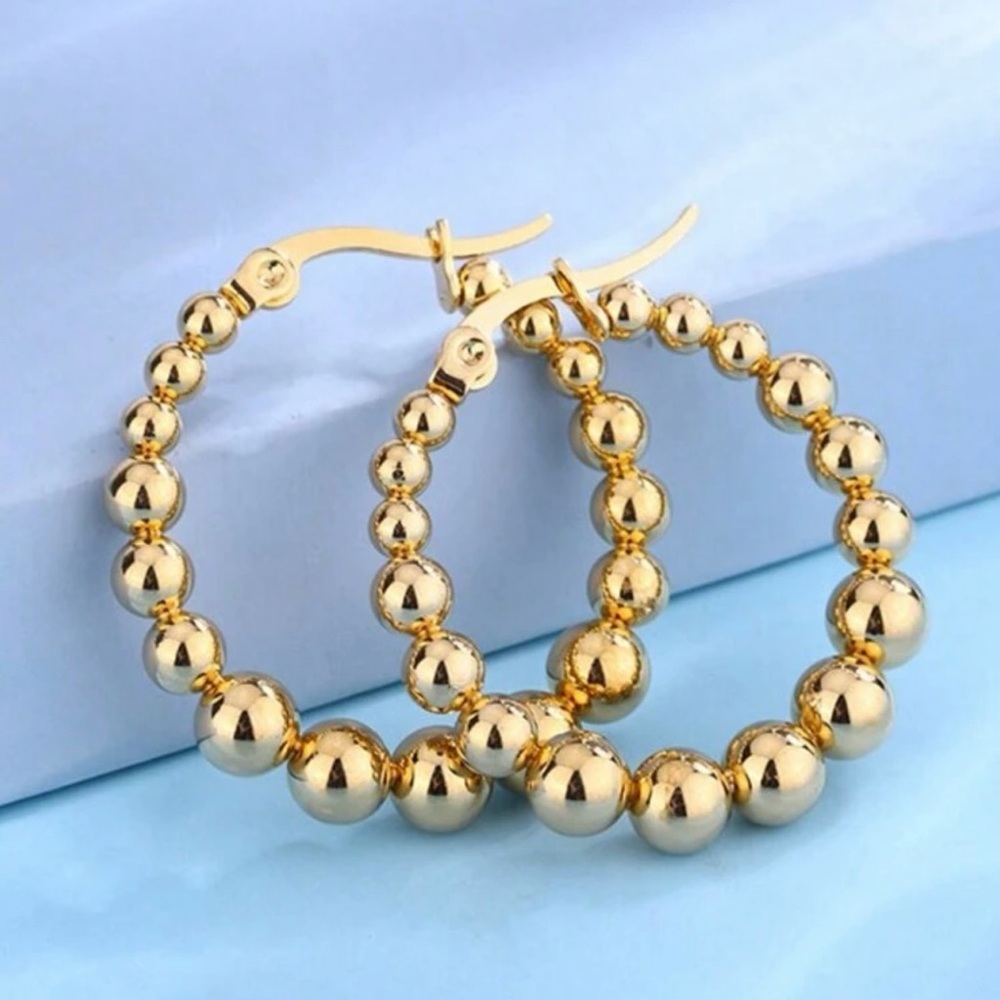 New 18k Gold Plated Stainless Steel Ball Bead Hoop Earrings